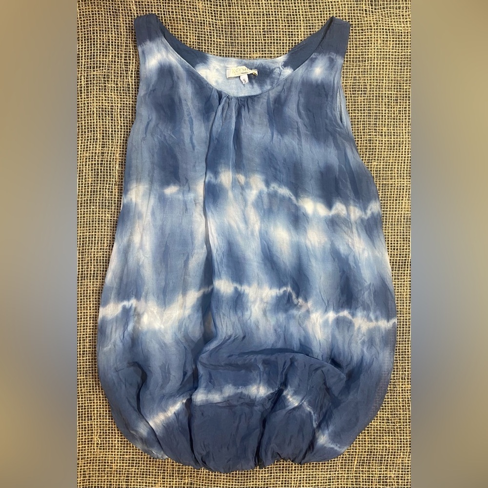 Keysha Sleeveless Silk Blend Tank Top, Blue Tie-Dye Pattern, Sz S, Made in Italy